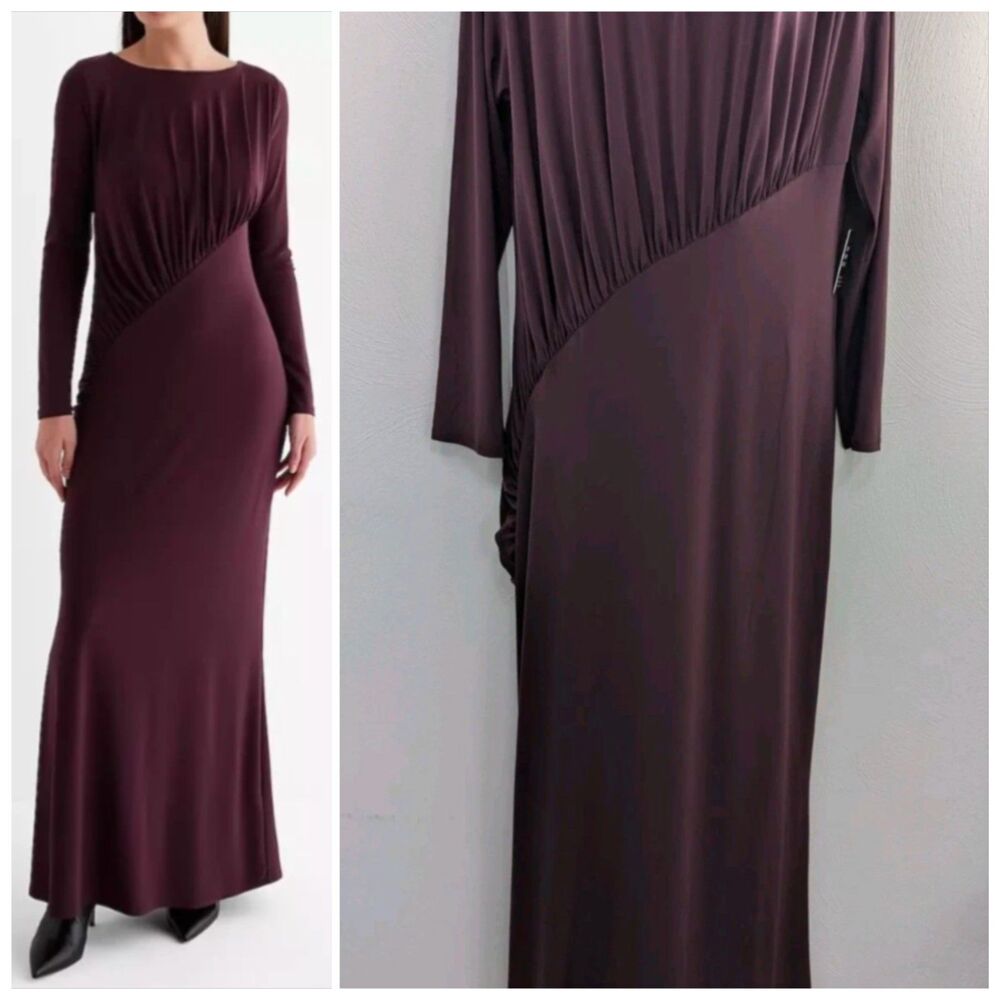 New Express XL Date Night Boat Neck Long Sleeve Ruched Top Maxi Dress Wine 88$